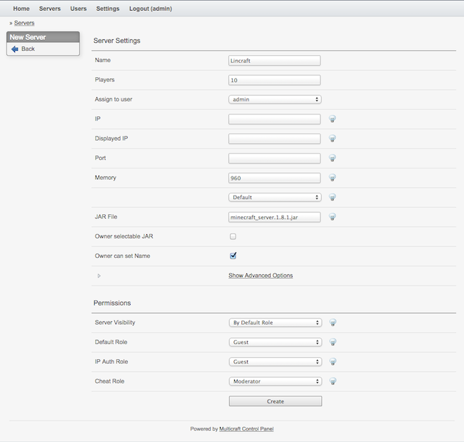 Multicraft Server Settings.