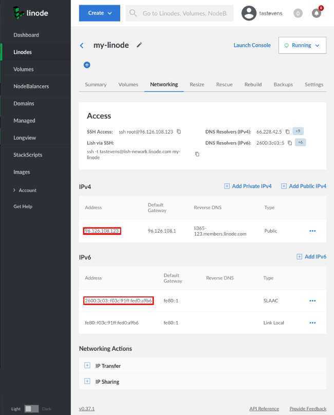 The Networking settings tab for your Linode