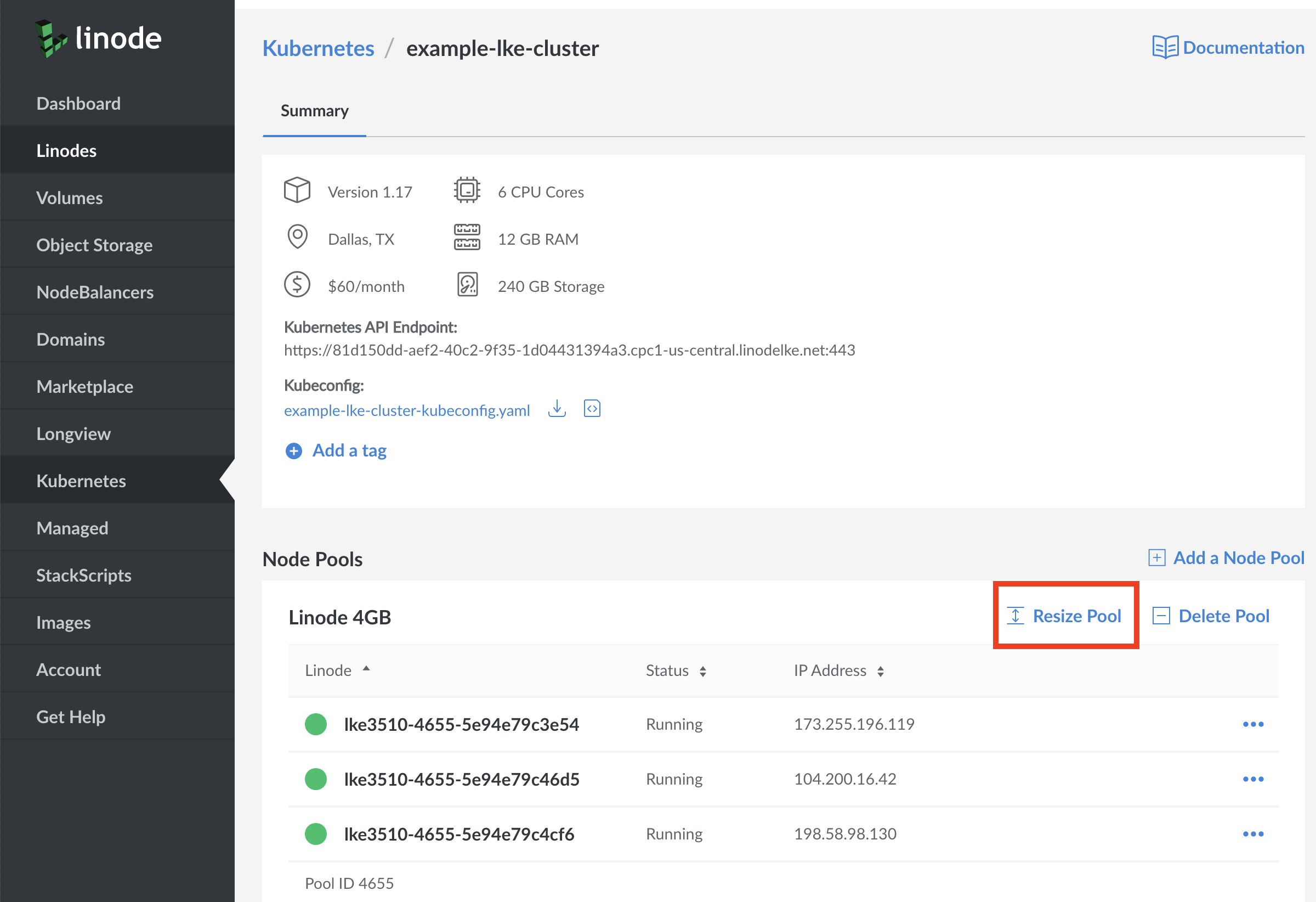 Access your cluster's resize page