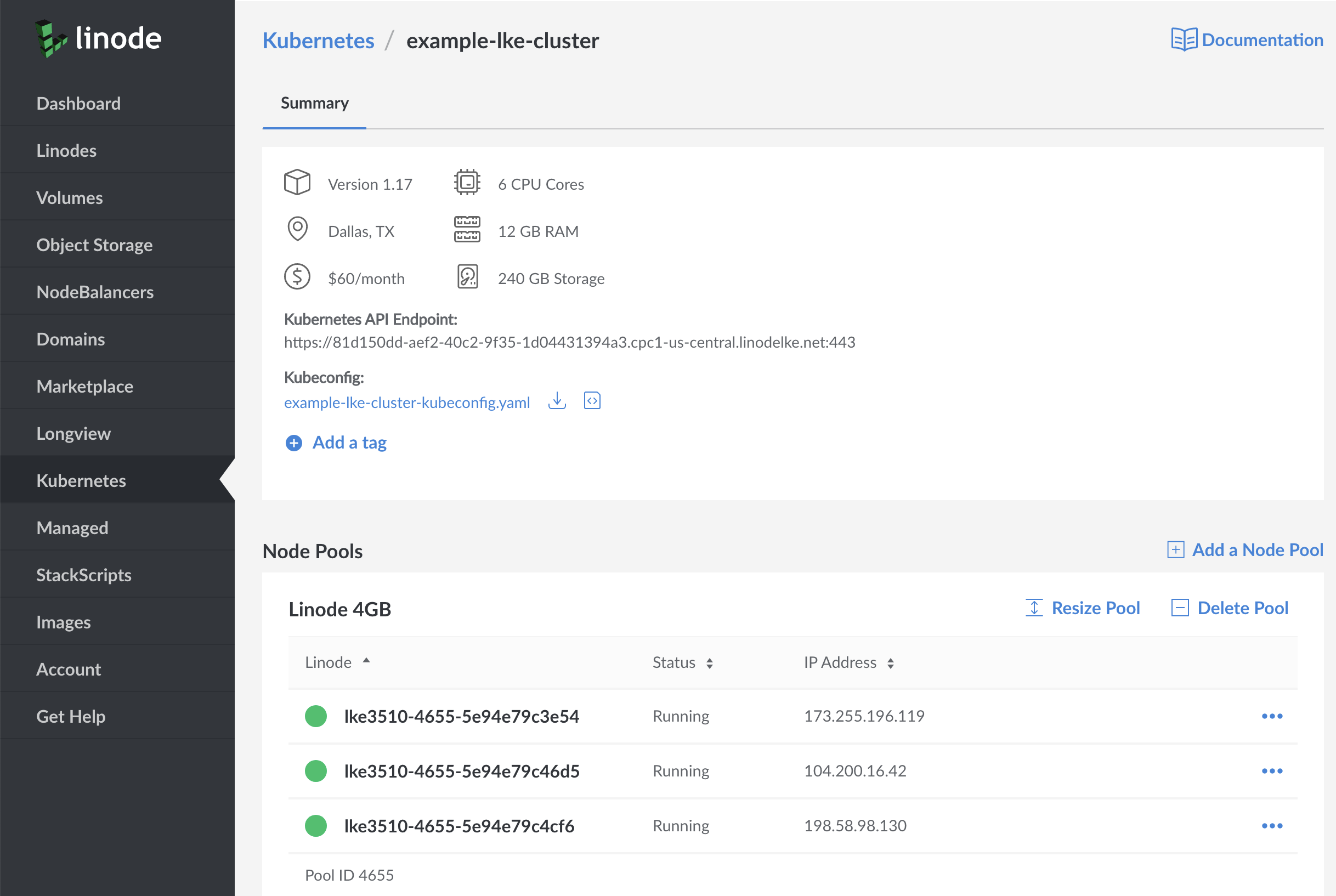 Kubernetes cluster's details page