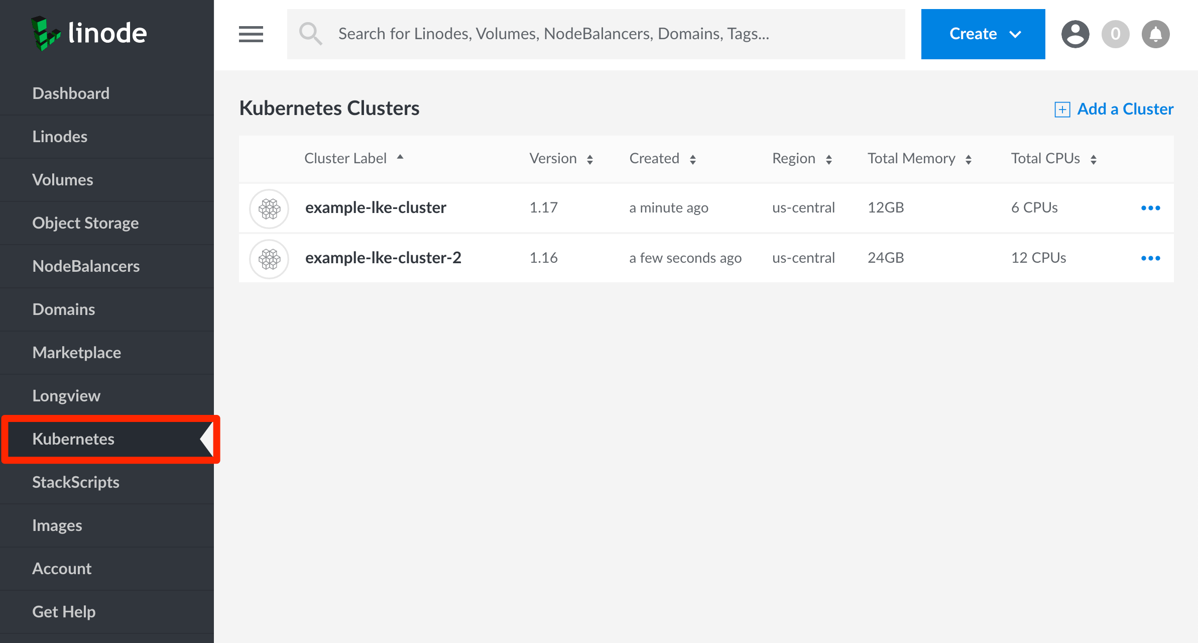 Kubernetes cluster listing page