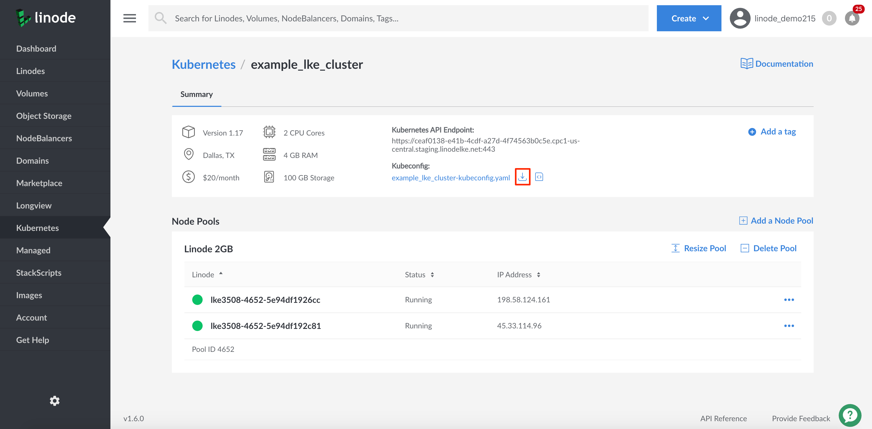 Kubernetes Cluster Download kubeconfig from Details Page