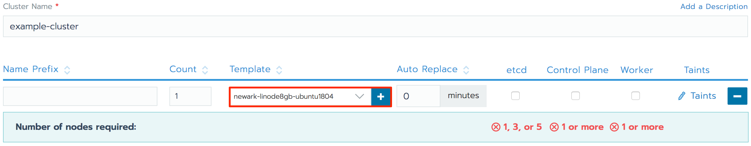 Rancher Add Cluster form - Add Node Template button highlighted