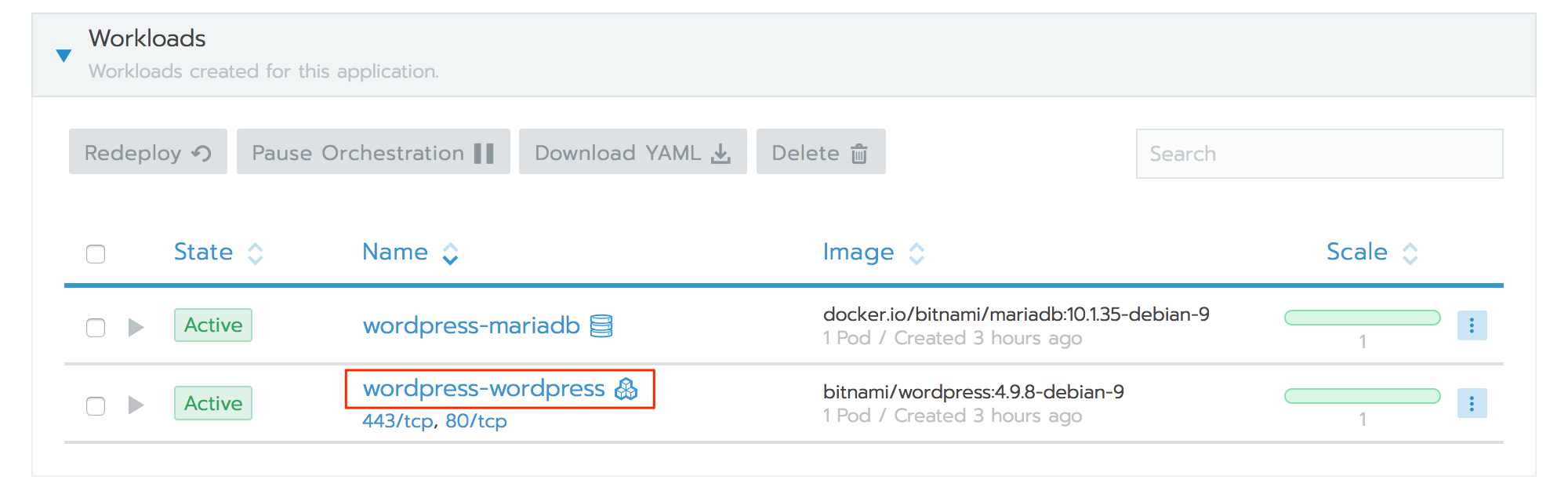 Rancher WordPress workloads - deployment name highlighted