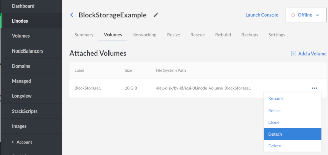 Detach a Volume from a Linode from the Volume menu.