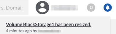 Notification bell shows the Volume has been resized.