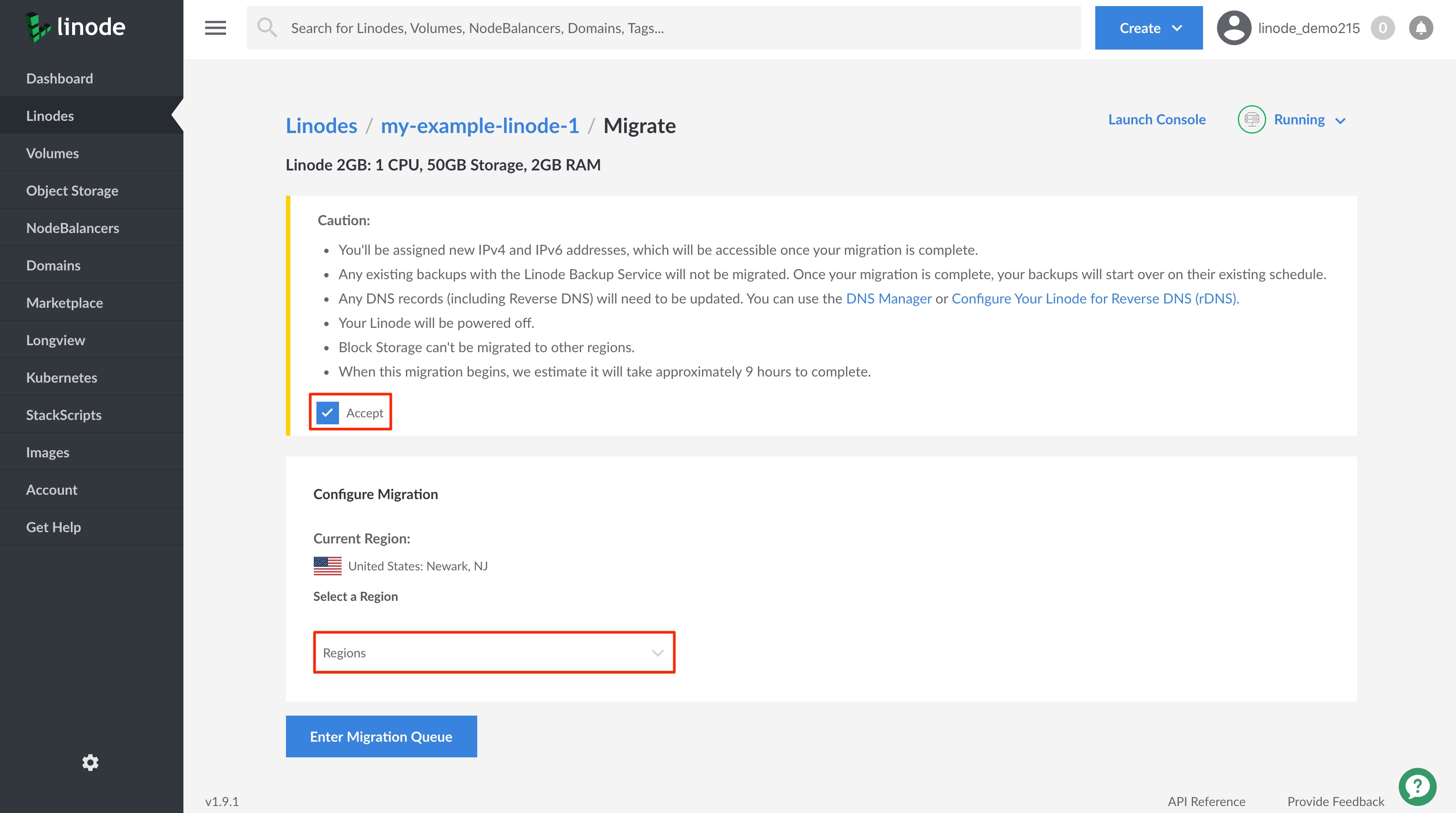 Read the caution message before clicking on the accept checkbox. Then, select a data center region.