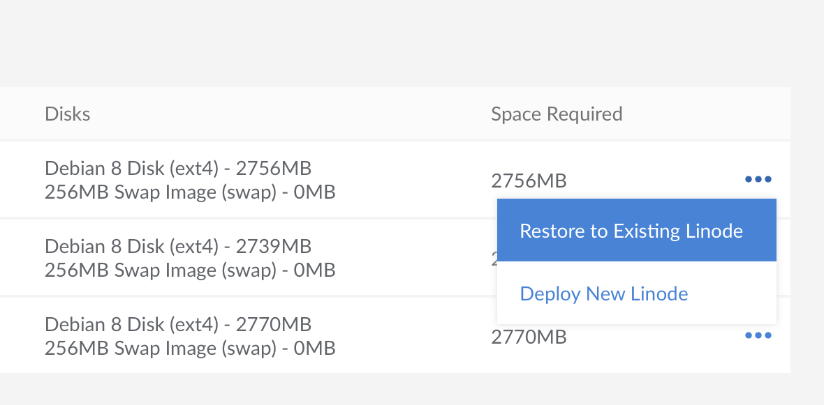 Click on the ellipsis menu icon to restore to an existing Linode.