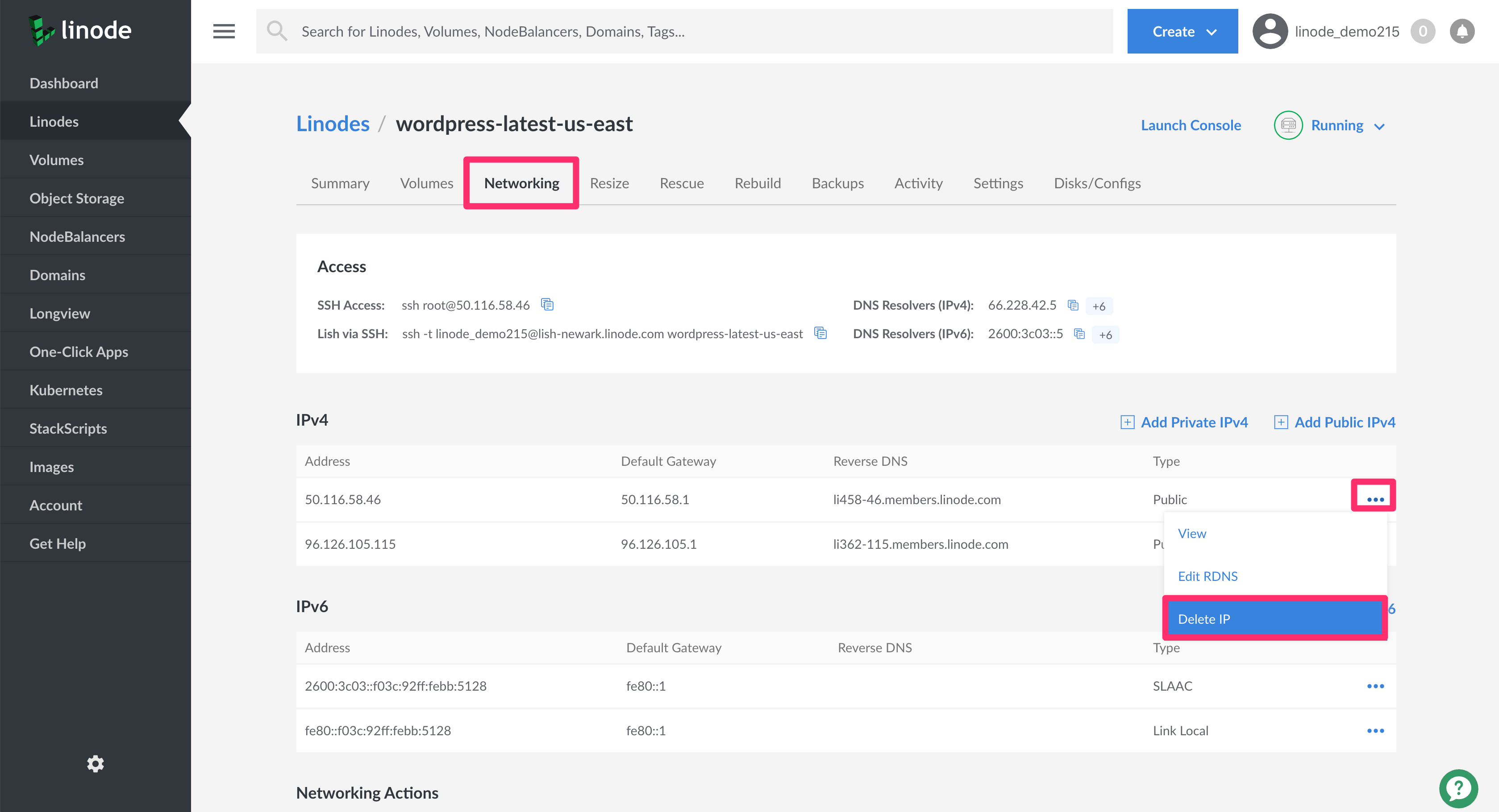 Cloud Manager Delete a Public IP Address