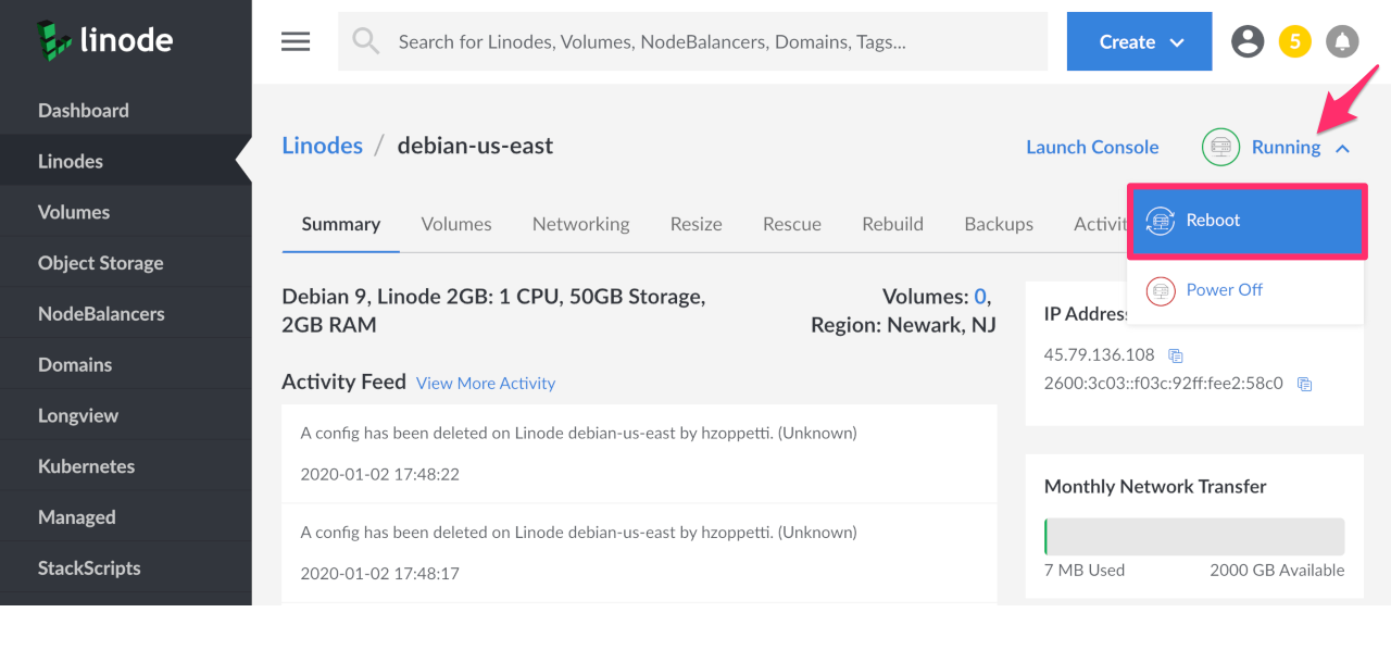 Cloud Manager Linode Detail Menu Reboot Option