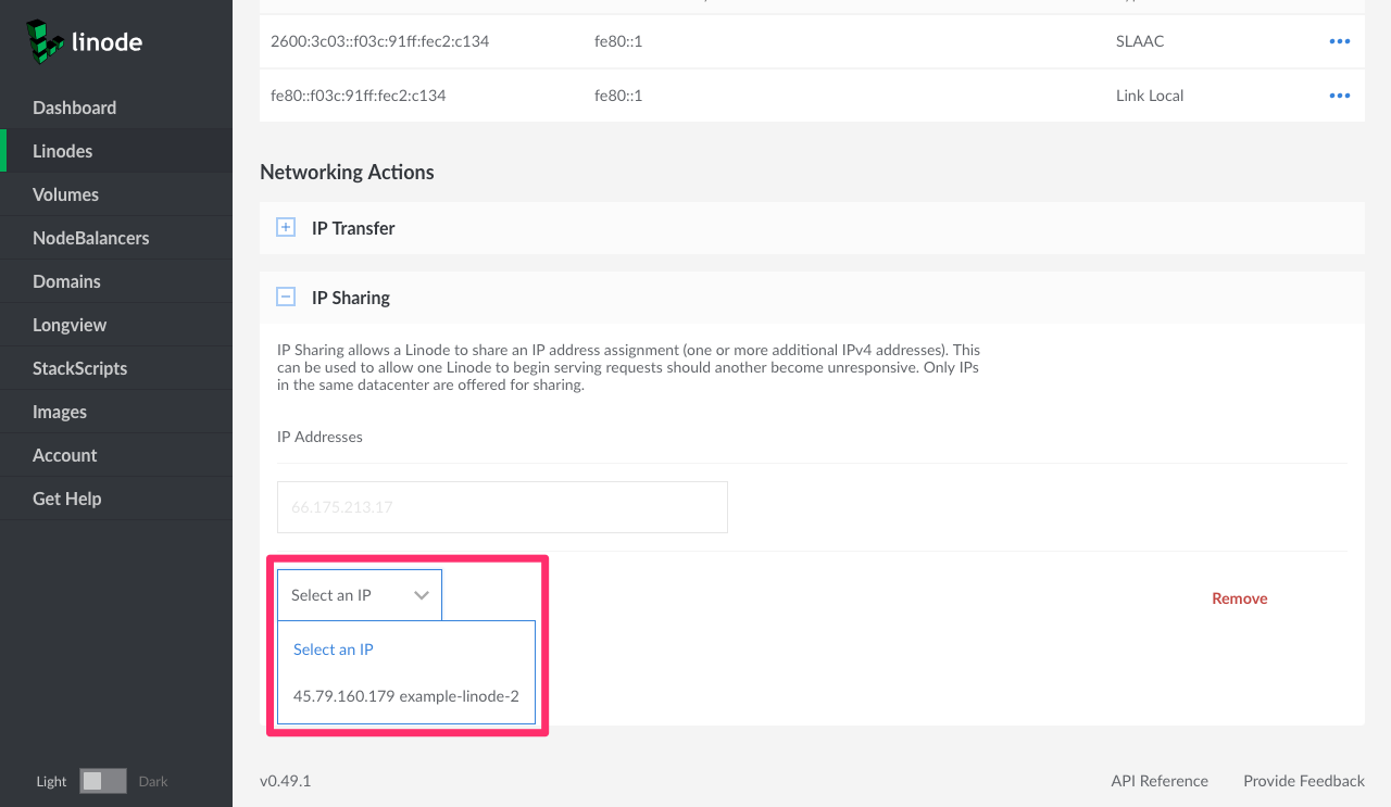 Select a Linode to share an IP address with.