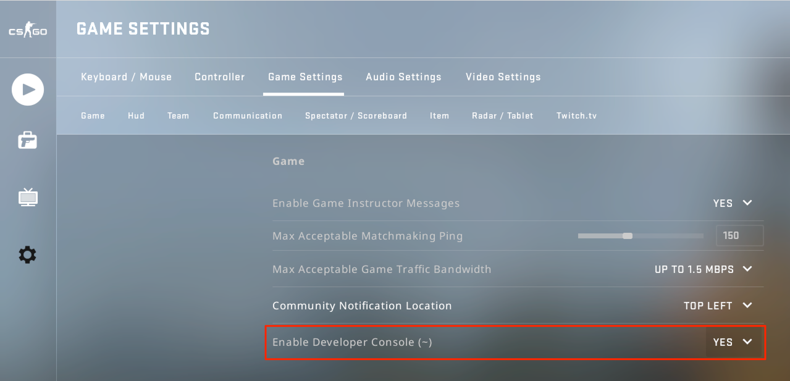 Enable the developer's console if it is not currently enabled.