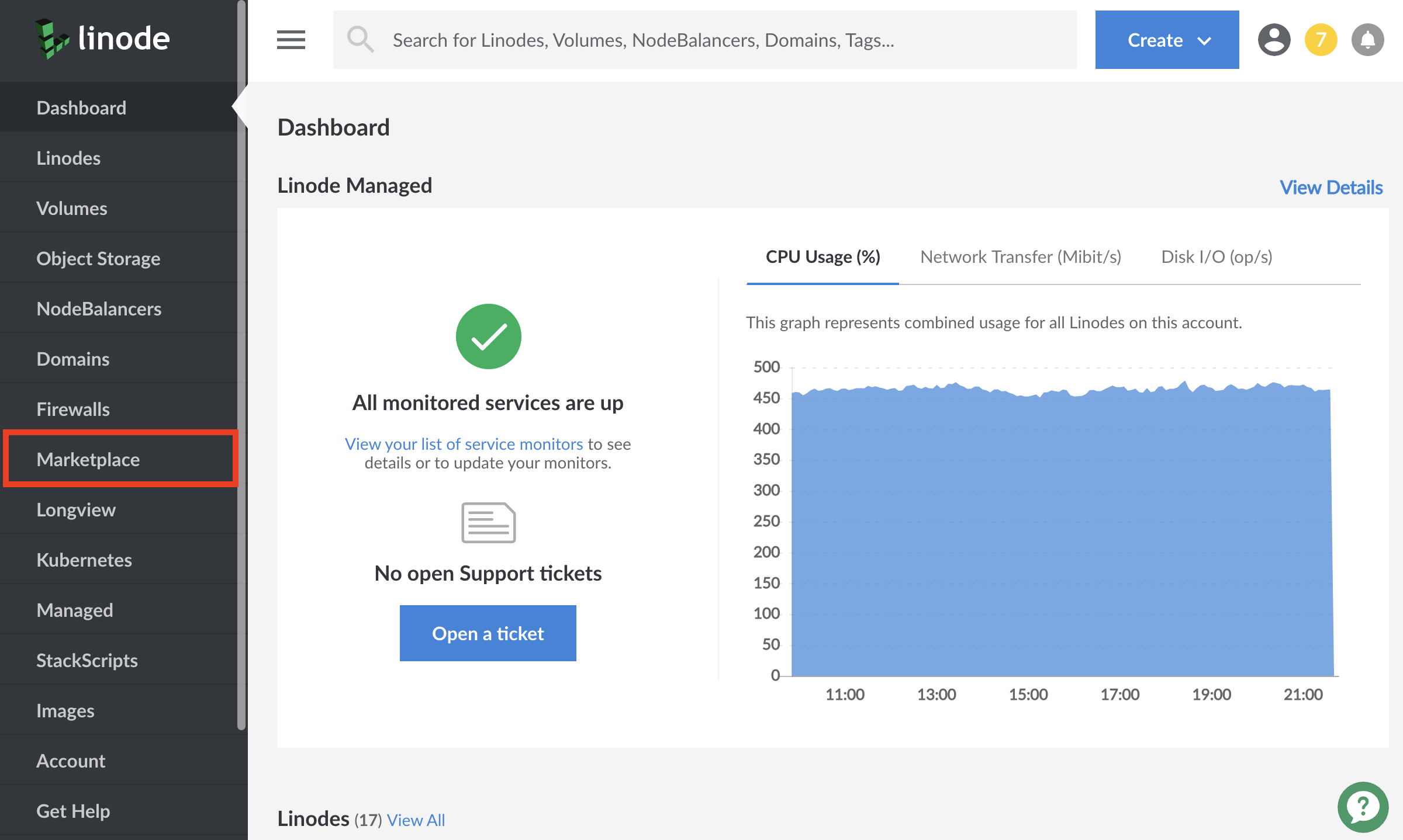 Click 'Create' at the top of the screen and choose 'Linode' from the dropdown menu.