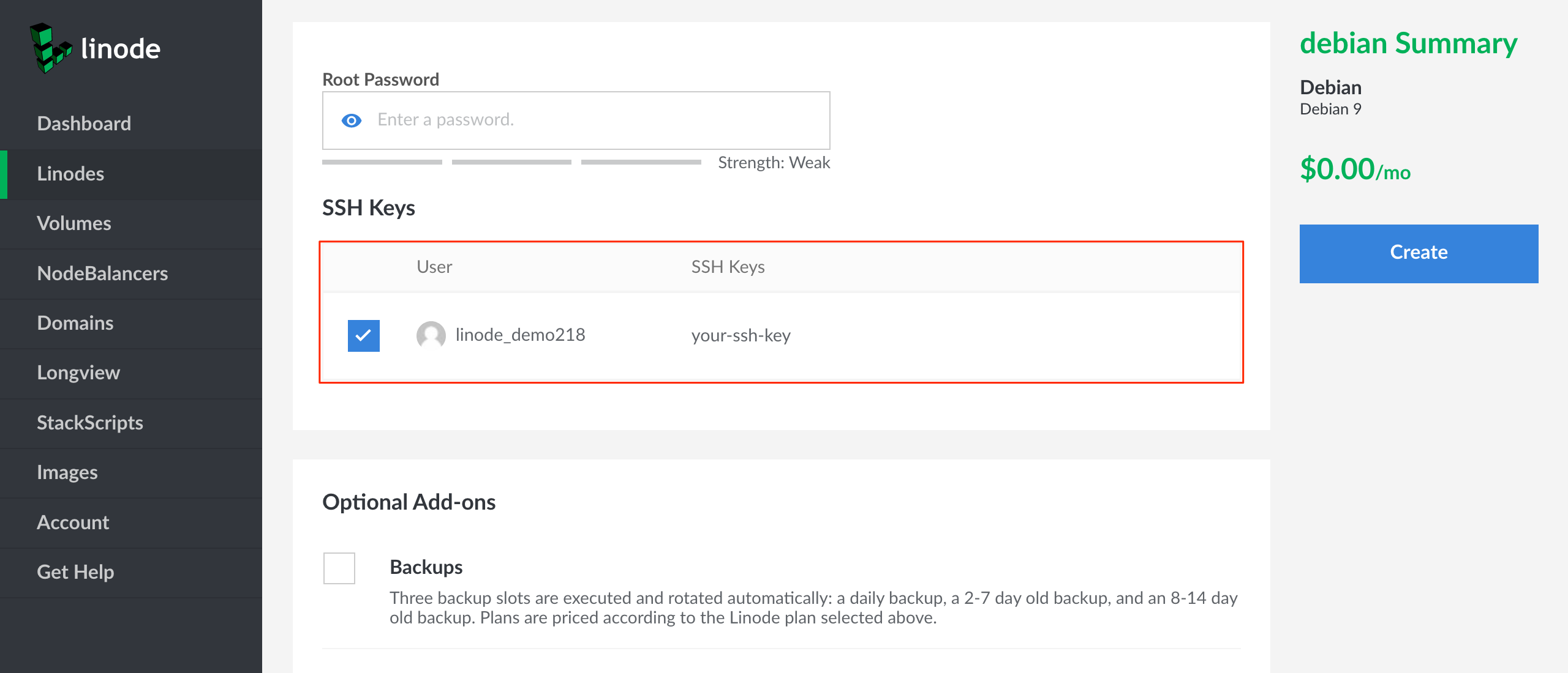 SSH Keys field in the Create Linode form