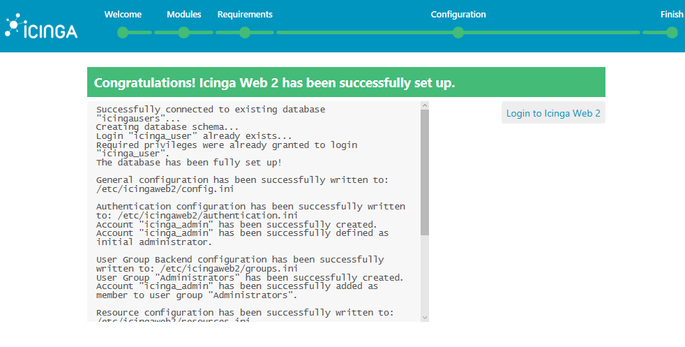 Icinga Successfully Set up - "Login to Icinga Web 2" button