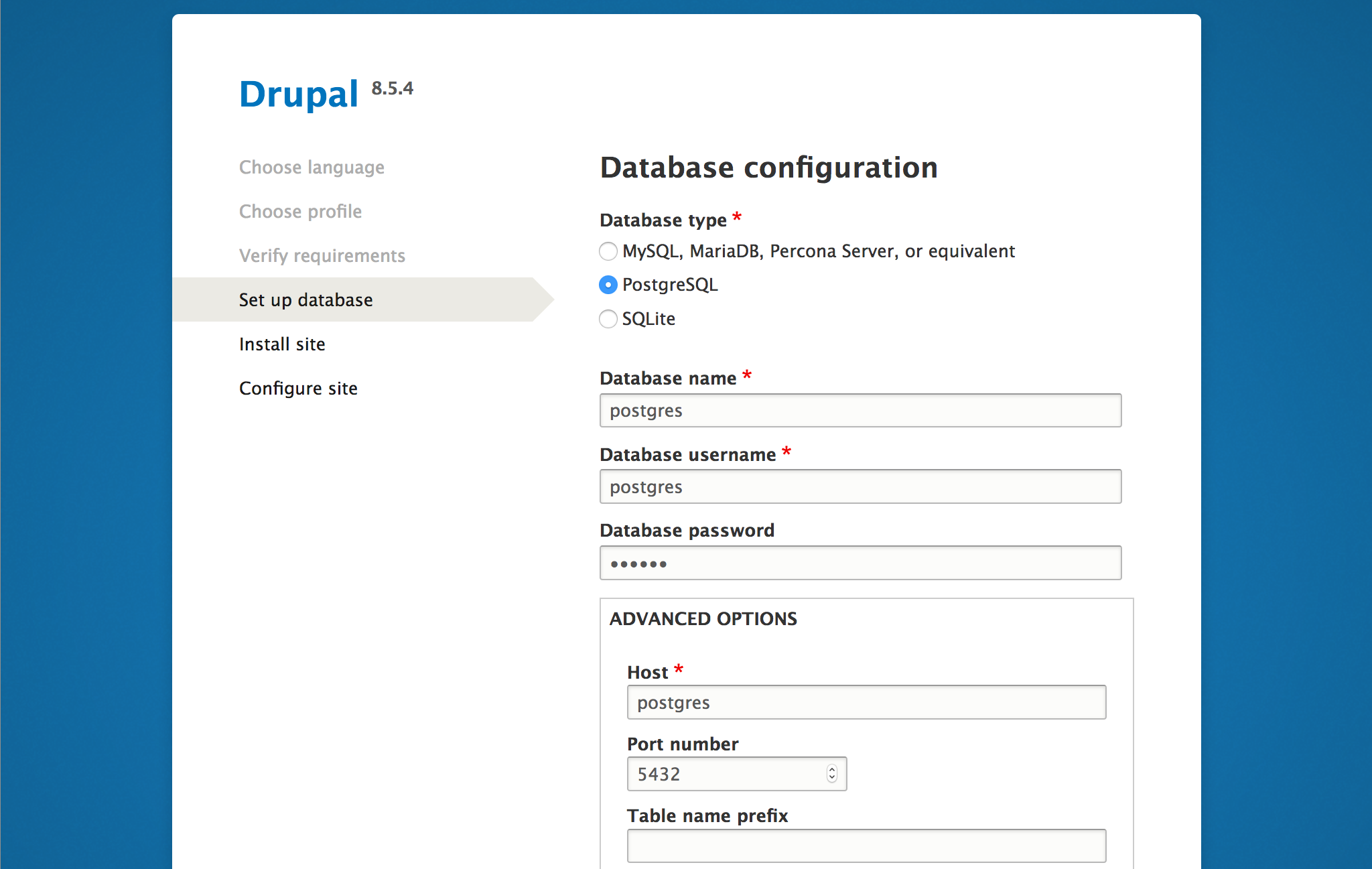 Drupal setup screen in the web browser - 'Set up database' page