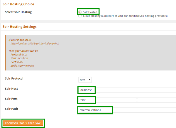 WPSolr self hosting settings